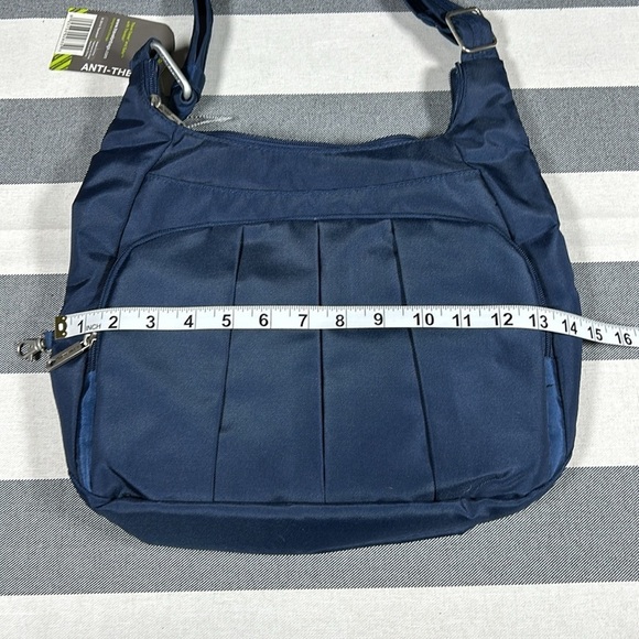 Travelon Womens Navy Blue Anti Theft Pleated Hobo Crossbody Bag RFID Travel - Picture 4 of 13